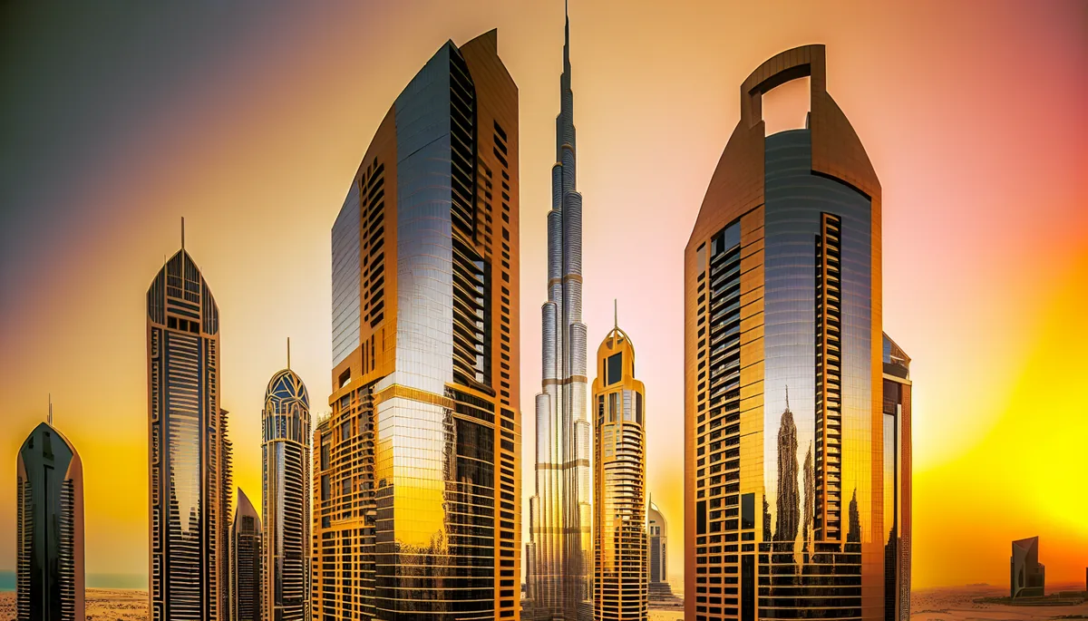 Dubai skyline at sunset featuring the Burj Khalifa and modern skyscrapers with golden lighting