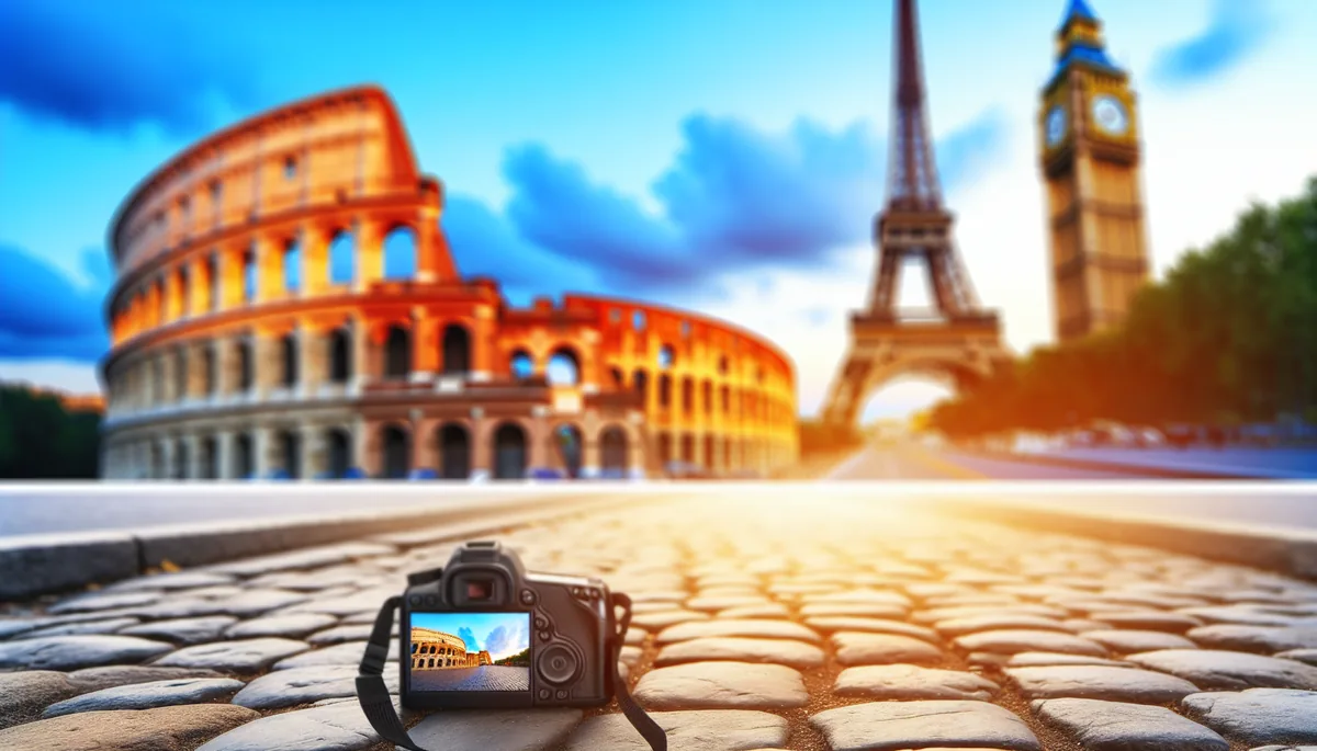 European travel scene featuring famous landmarks including the Eiffel Tower, Big Ben, and Colosseum with a cobblestone street in the foreground under golden hour lighting