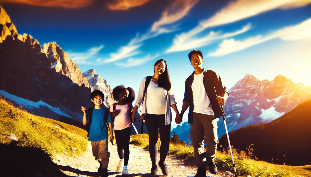 Family silhouettes walking together on a mountain trail with Alpine peaks in the background during golden hour