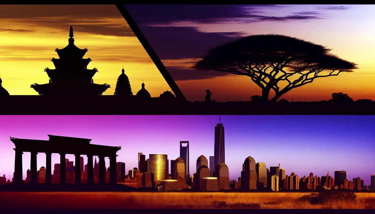 Artistic panoramic travel photograph showing iconic landmarks from Asia, Africa, and America blended together in golden hour lighting, representing a multi-continent journey