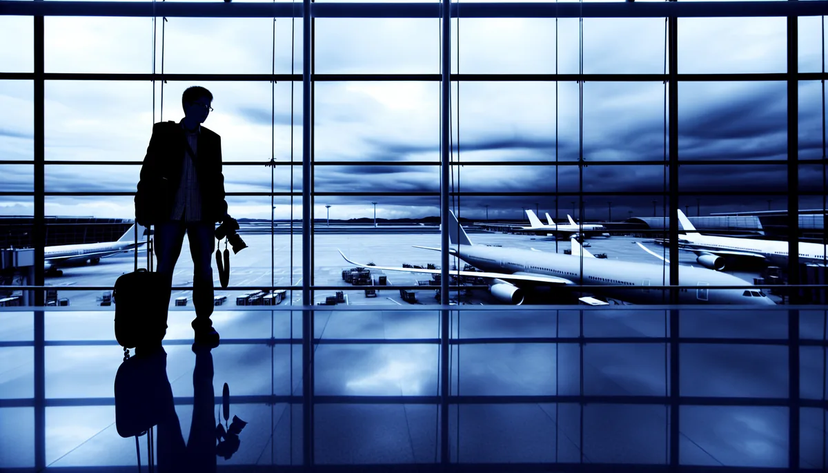 Silhouette of a traveler standing alone at an airport terminal window with planes visible on the tarmac under a dramatic cloudy sky