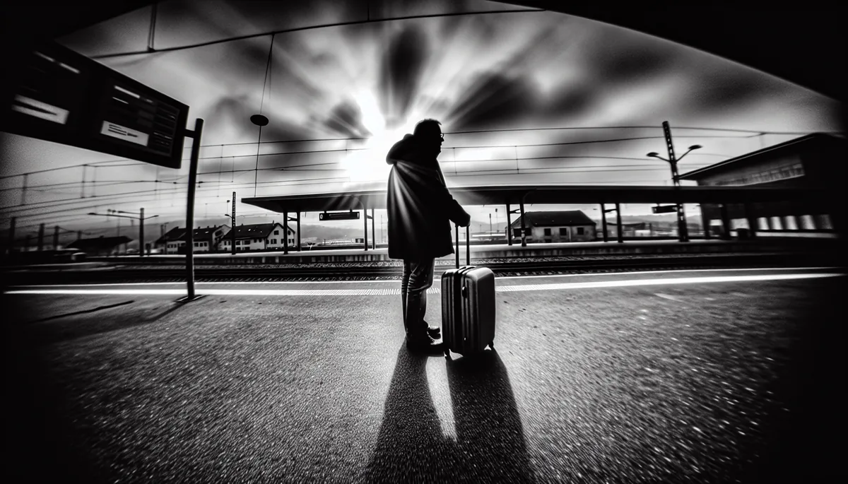 Silhouette of a traveler with luggage standing on a European train station platform under a dramatic cloudy sky with sunlight breaking through