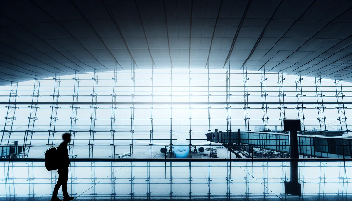 Silhouette of a traveler standing at an airport terminal window with planes visible on the tarmac outside