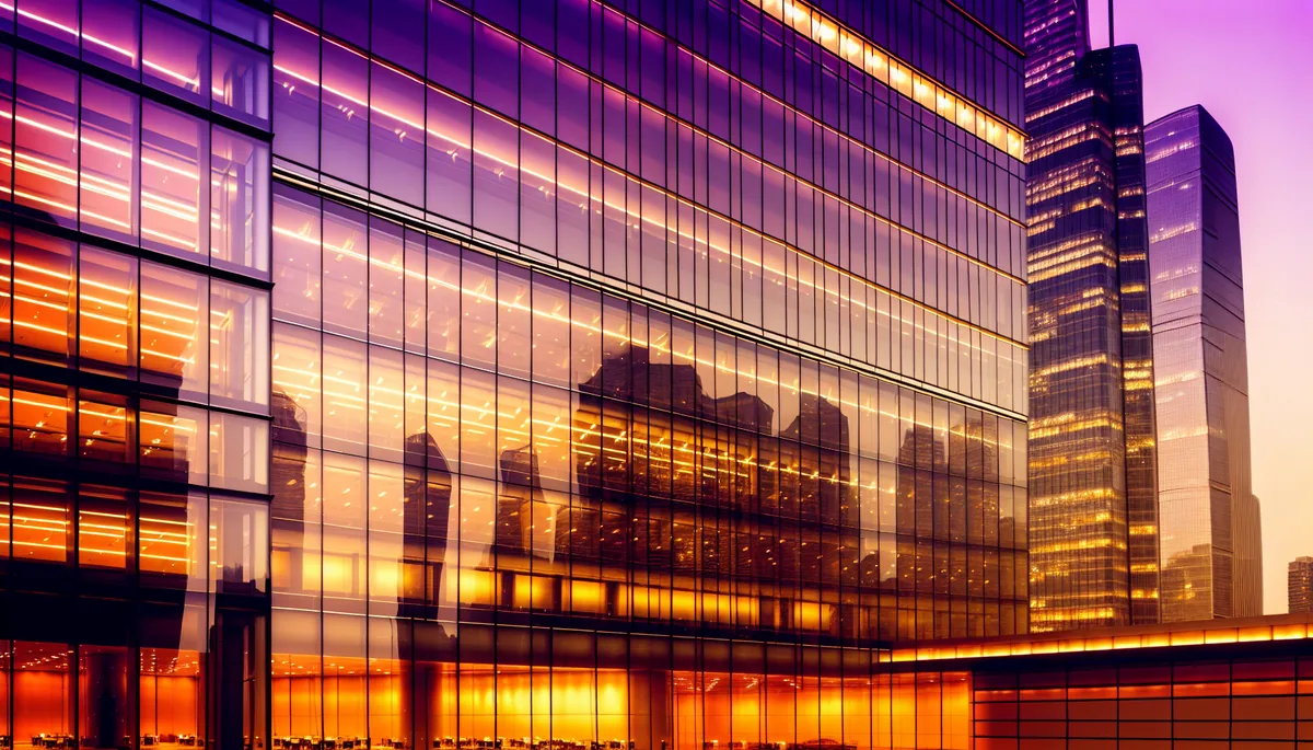 Modern glass office building in a business district at dusk with warm lighting reflecting off the windows