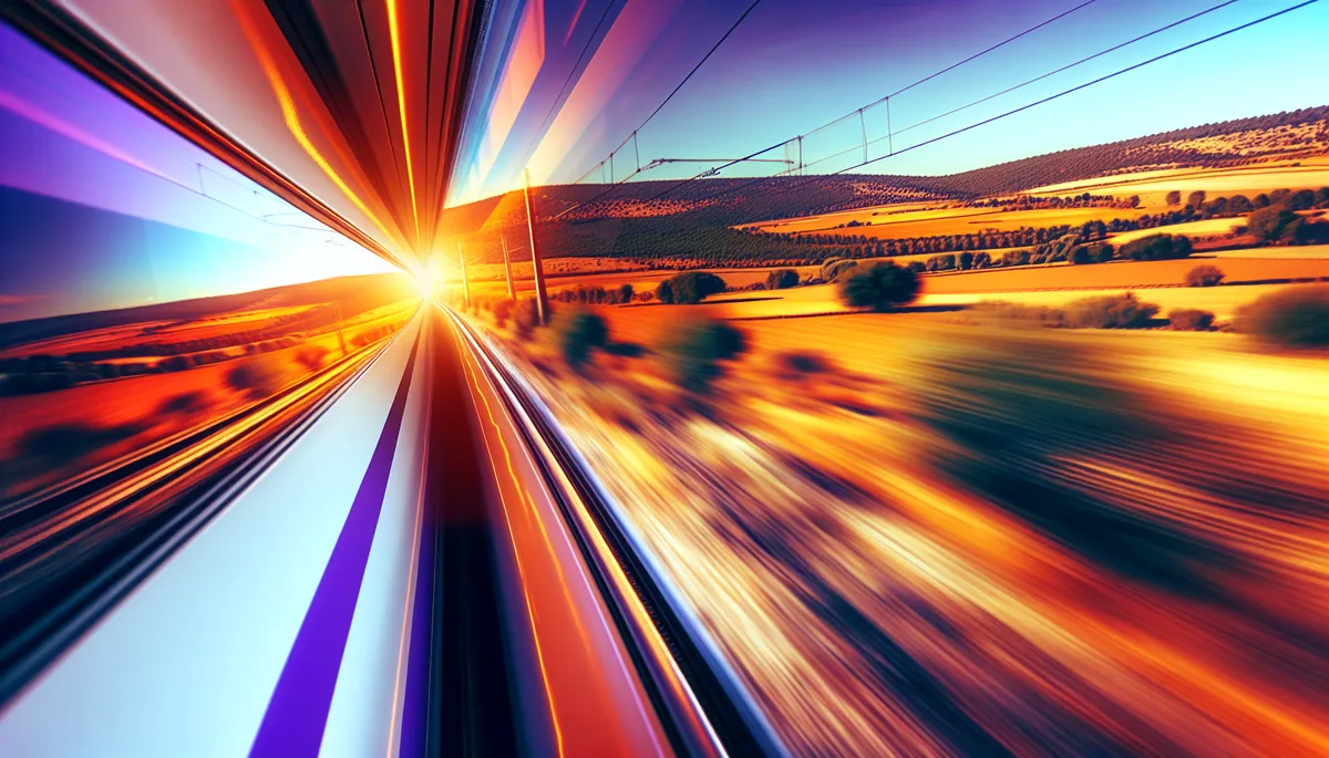 High-speed train racing through scenic European countryside at golden hour, creating motion blur effects that convey speed and connectivity