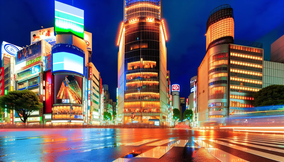 Evening view of Tokyo's illuminated skyline with modern skyscrapers and busy streets reflecting the city's advanced urban infrastructure