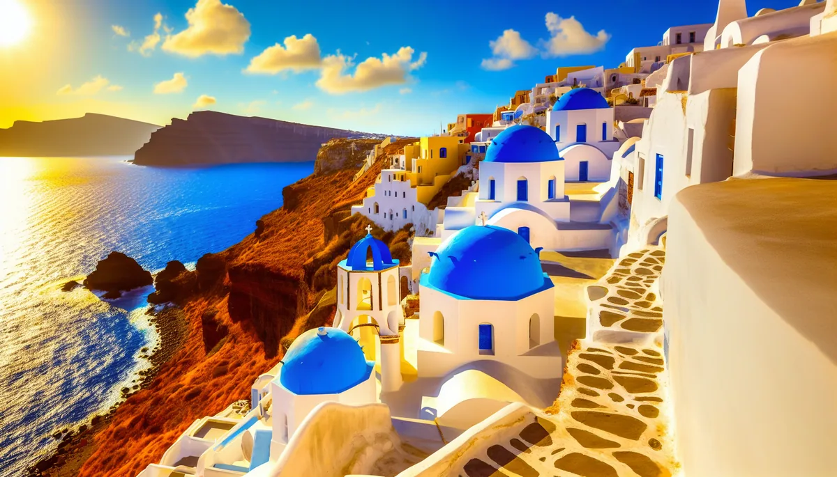 Scenic view of traditional Greek island architecture with white buildings and blue domes overlooking the Aegean Sea at golden hour