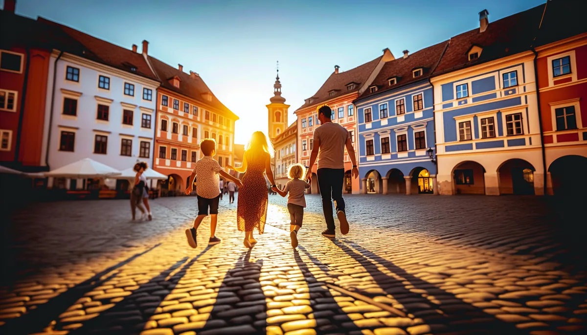 Family of four walking together through a picturesque European town square during golden hour, viewed from behind as silhouettes against historic architecture