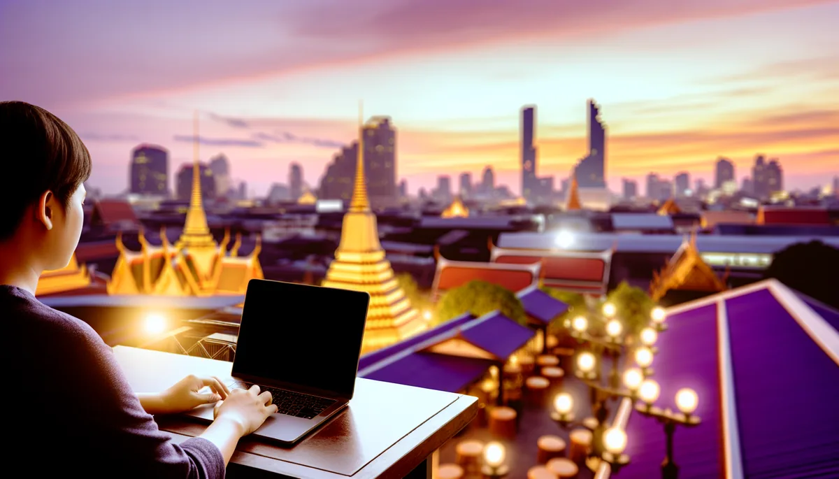 Laptop computer on a table at a rooftop cafe with Bangkok's skyline featuring golden temples and modern buildings in the background during sunset