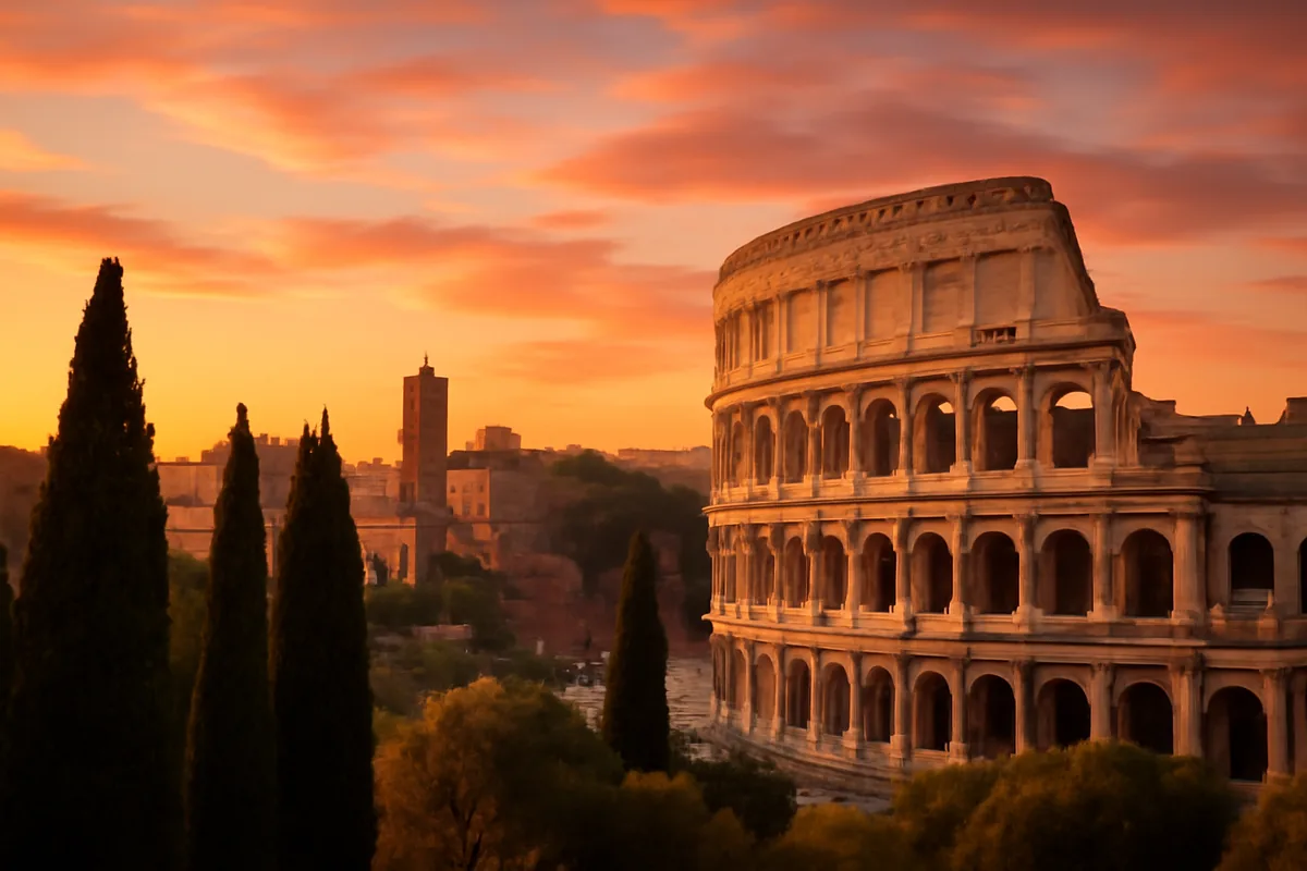 Golden hour view of the Roman Colosseum with warm sunset lighting and cypress trees in the foreground