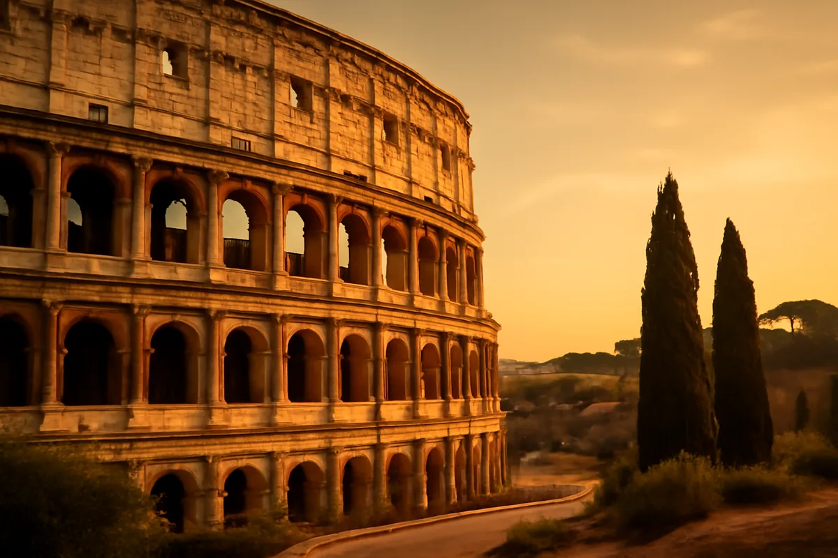 Golden hour view of the Roman Colosseum with warm sunlight highlighting the ancient stone architecture and Mediterranean landscape