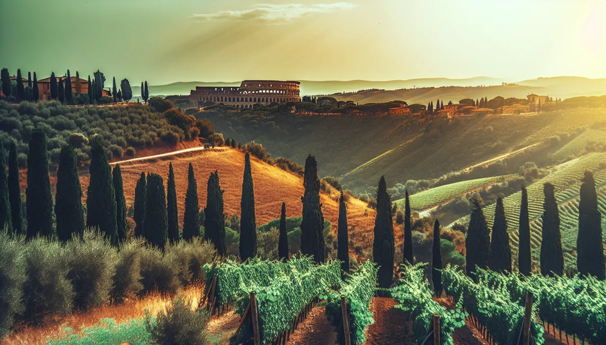 Stunning Italian landscape showing Tuscan rolling hills with cypress trees and vineyards in the foreground, with the iconic Roman Colosseum visible in the distance under warm golden hour lighting
