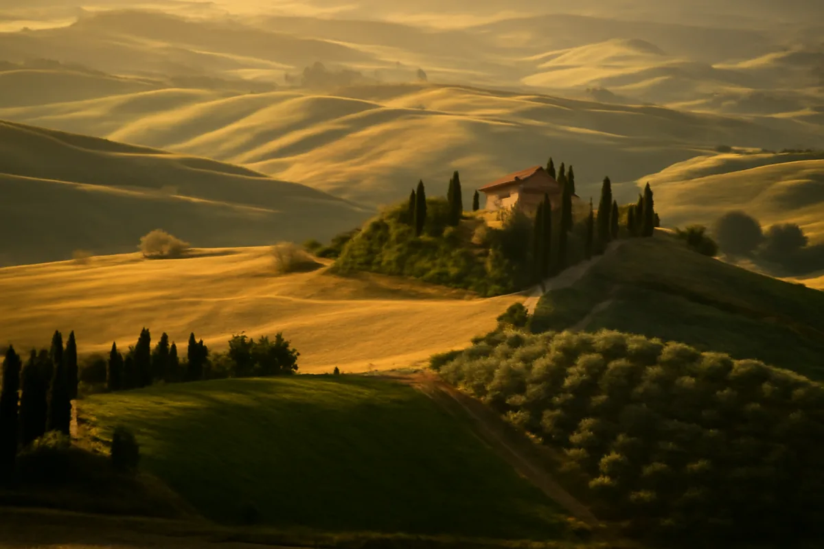 Scenic Italian countryside with rolling hills, cypress trees, and traditional stone villa under golden sunlight