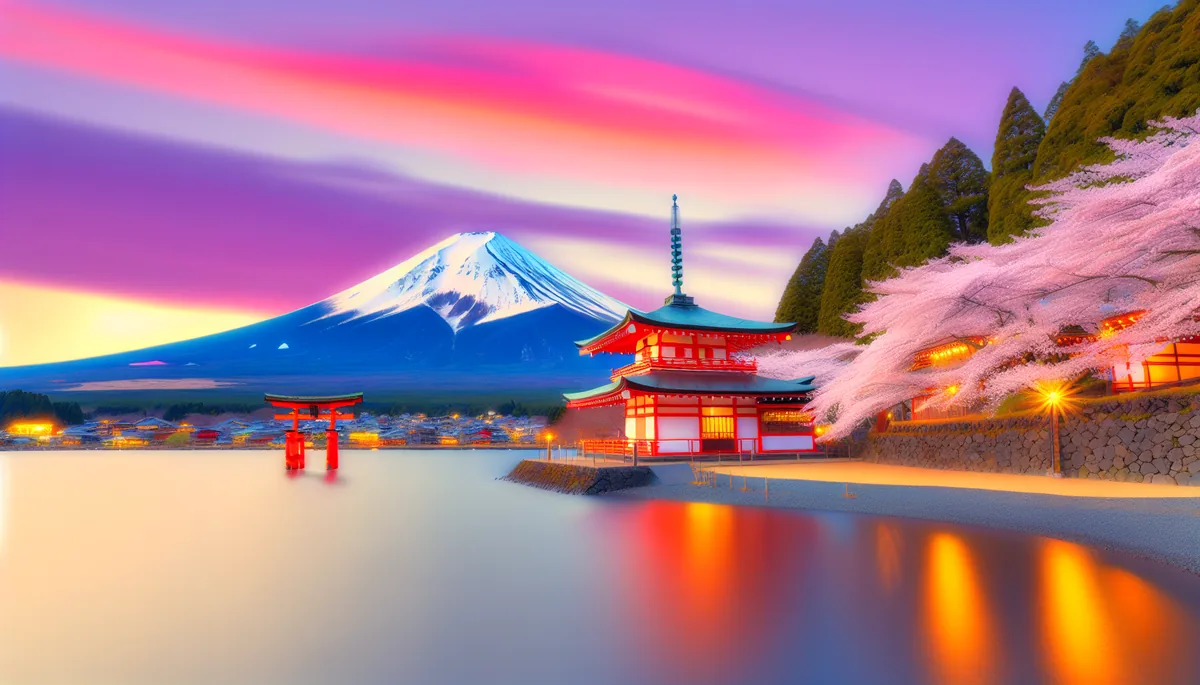 Scenic view of Mount Fuji with traditional Japanese temple, red torii gate, and cherry blossoms during golden hour