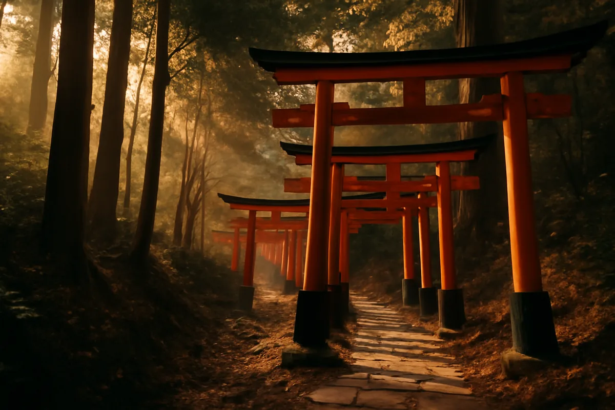 A serene path of traditional red torii gates ascending through a lush cedar forest in Japan, bathed in soft golden morning light