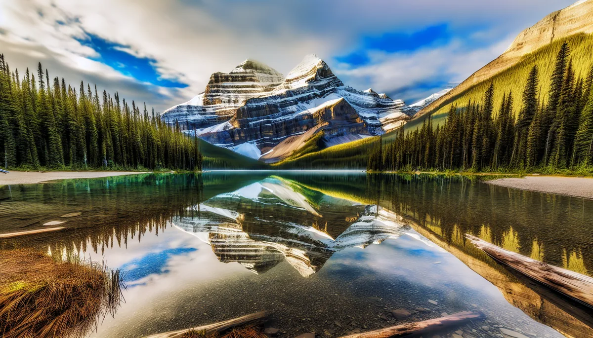 Majestic Canadian Rocky Mountains with snow-covered peaks reflected in a crystal-clear alpine lake, surrounded by dense evergreen forests under golden morning light