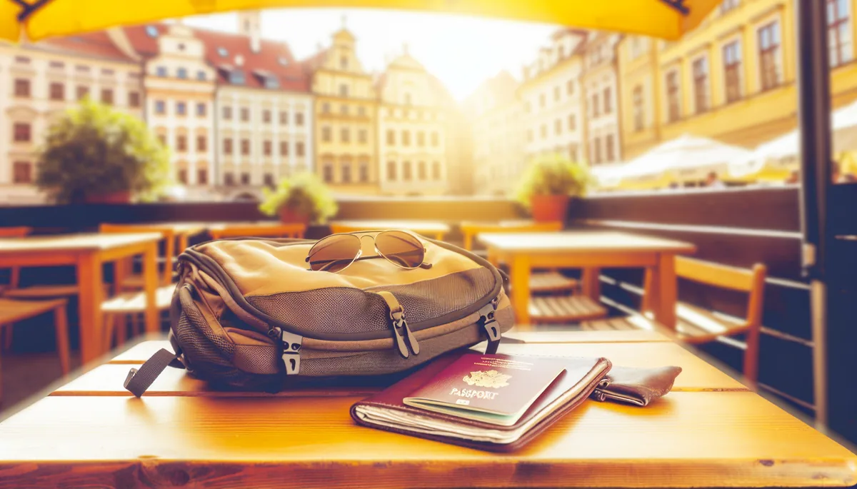 A traveler's backpack and passport resting on a wooden café table with a blurred European city square in the background, bathed in warm afternoon sunlight