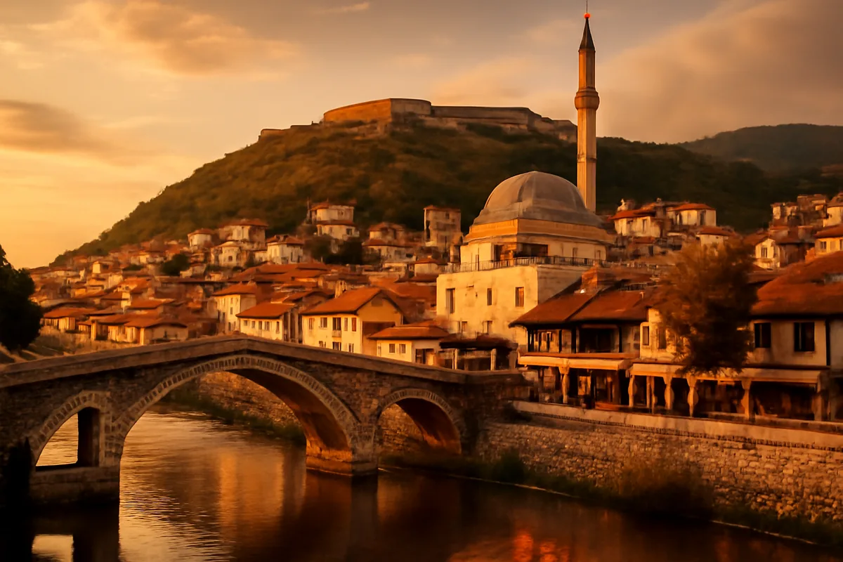 Panoramic golden hour view of Prizren, Kosovo, featuring the historic stone bridge over the Bistrica river with the old town mosque and hilltop fortress in the background