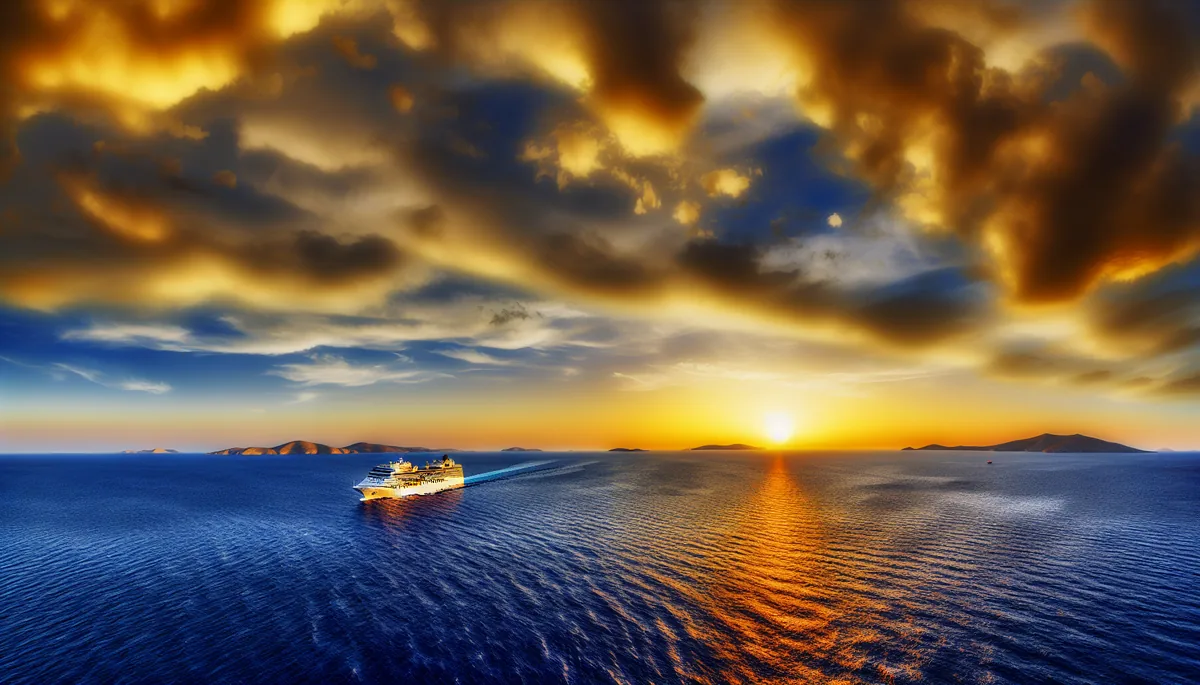 Luxury cruise ship sailing across Mediterranean waters at sunset with Greek islands in the background