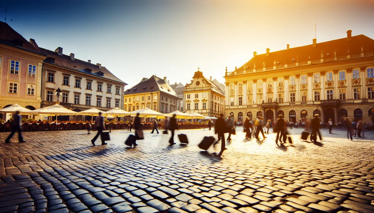 A picturesque European city square with historic buildings, outdoor cafes, and travelers with luggage walking in the background during golden hour