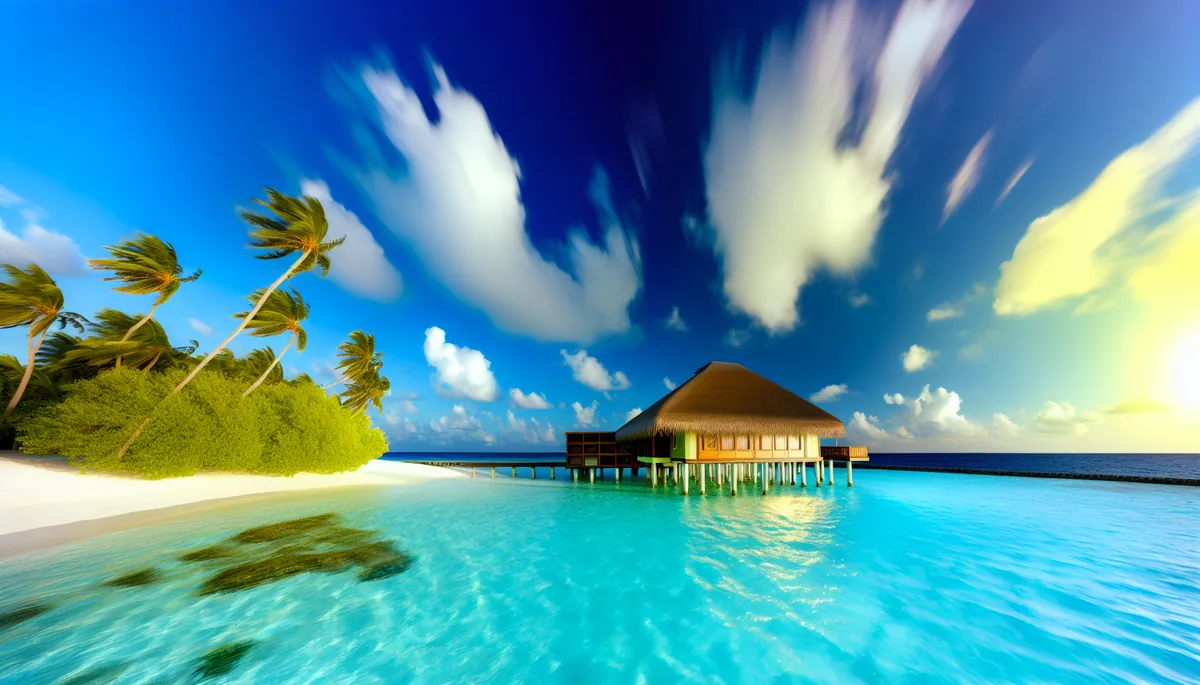 Luxurious overwater villa with thatched roof extending over crystal clear turquoise waters in the Maldives, with pristine beach and palm trees in the background under a brilliant blue sky