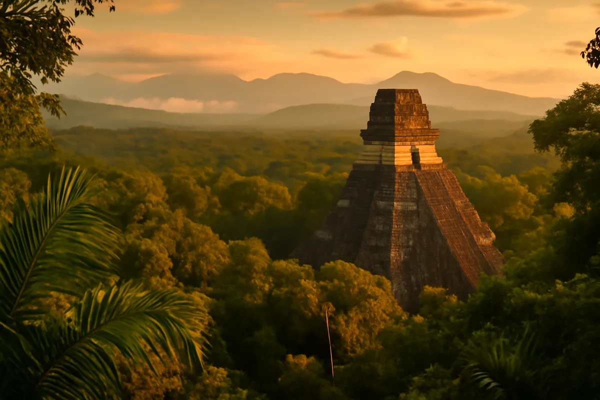 Ancient Mayan pyramid surrounded by dense green rainforest with misty mountains in the background during golden hour