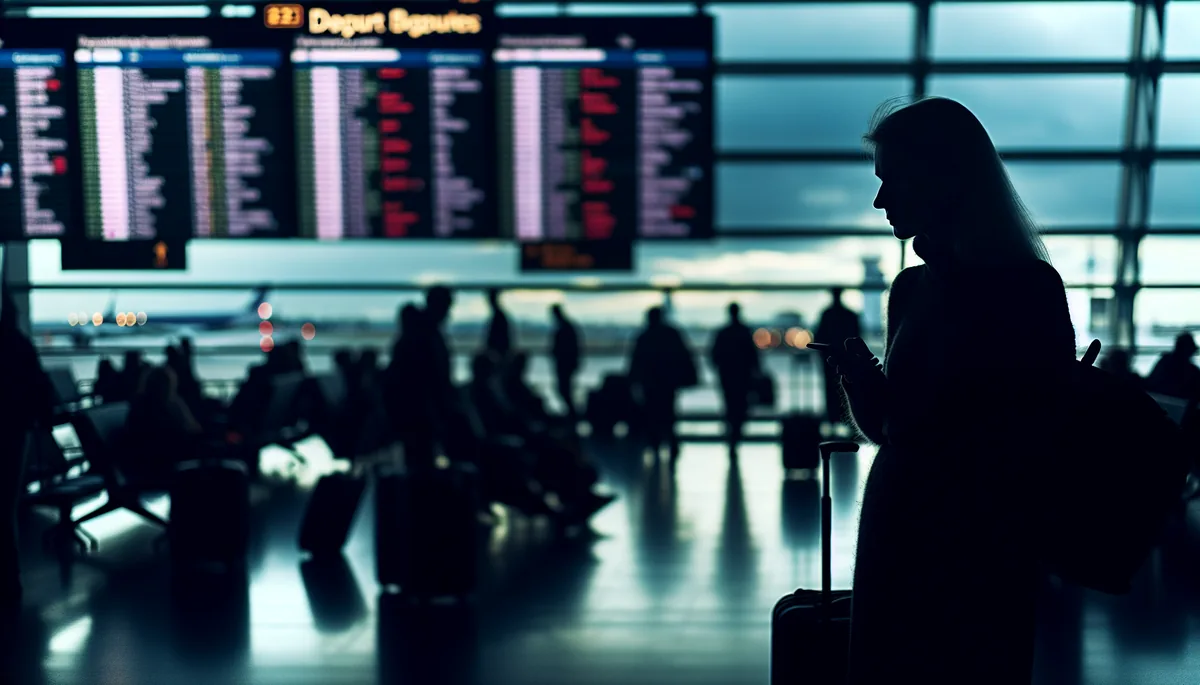 Silhouette of a traveler standing in a busy airport terminal with blurred departure boards and other passengers in the background, conveying travel challenges and connectivity issues