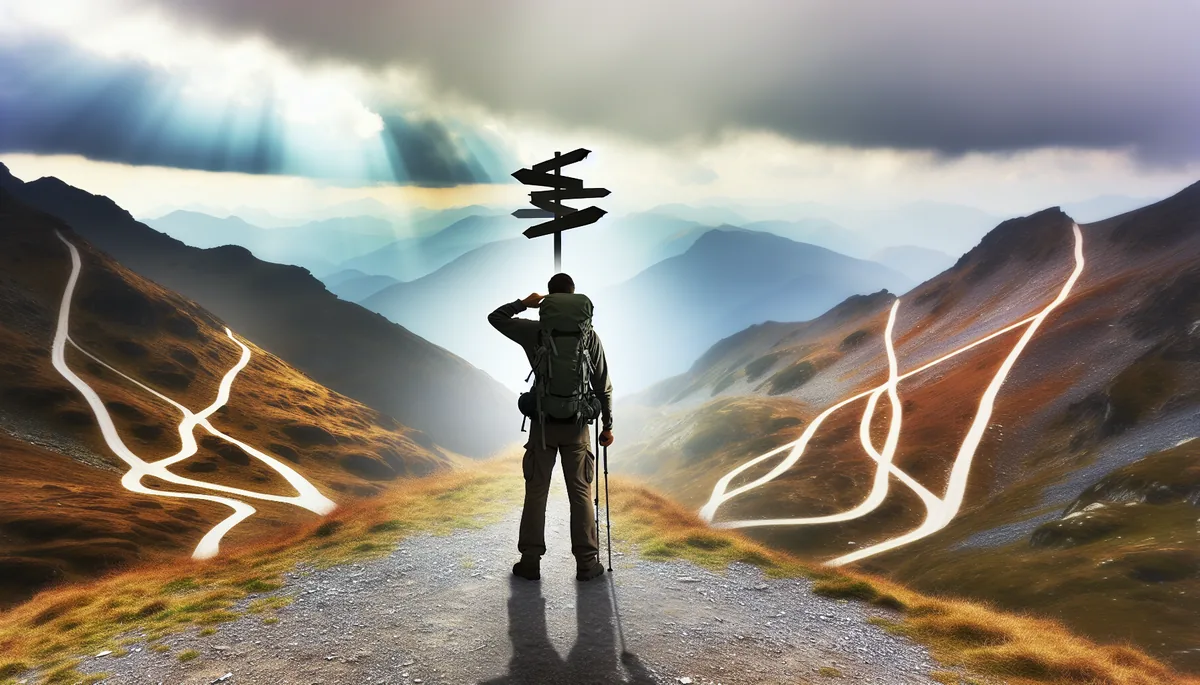 Silhouette of a traveler standing at a crossroads of mountain trails, representing the decision-making process when choosing travel connectivity options