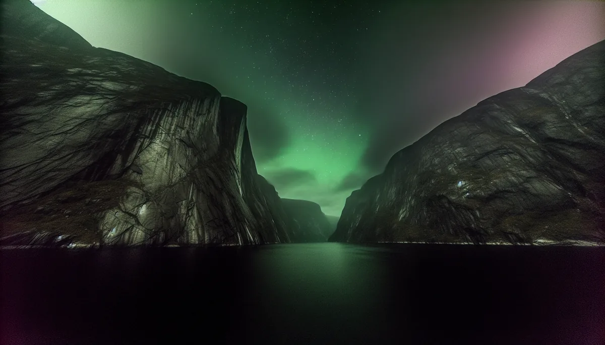Spectacular Norwegian fjord landscape at night with northern lights aurora borealis illuminating steep mountain cliffs and calm reflective waters
