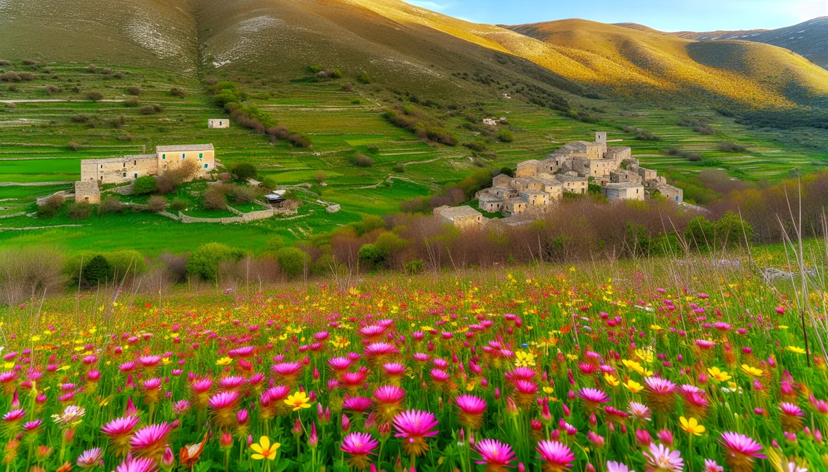 Spring Mediterranean landscape with blooming wildflowers in foreground and traditional stone village on hillside under warm golden sunlight