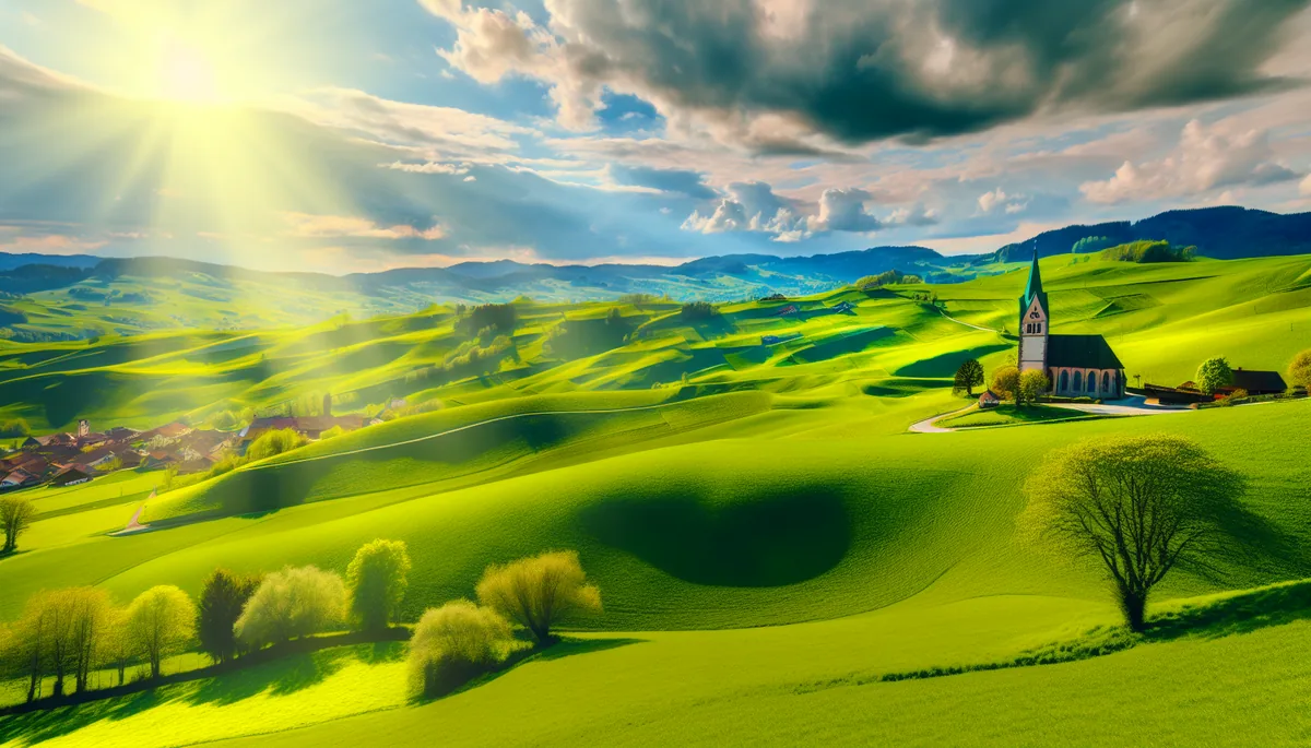 Scenic European countryside landscape with rolling green hills, traditional village church spire, and warm spring sunlight