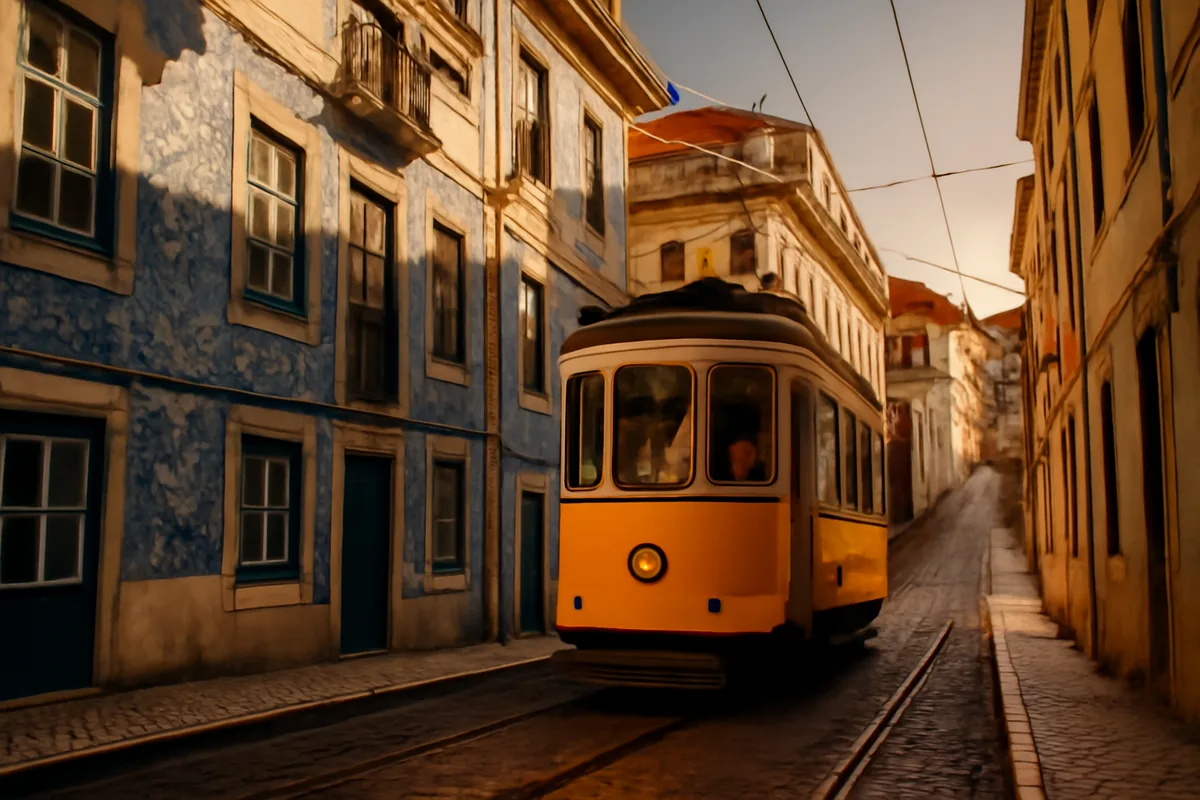 A traditional yellow tram traveling up a narrow cobblestone street in Lisbon, Portugal, with colorful tiled buildings and warm golden lighting