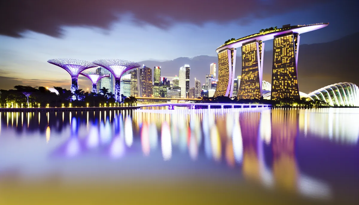 Singapore's iconic skyline featuring Marina Bay Sands hotel and the illuminated Supertree Grove from Gardens by the Bay at twilight, with city lights reflecting on the water