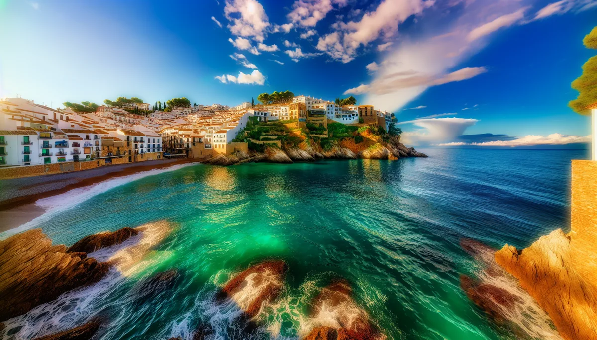Stunning Mediterranean coastal view of Spanish whitewashed village with red tile roofs overlooking turquoise waters during golden hour