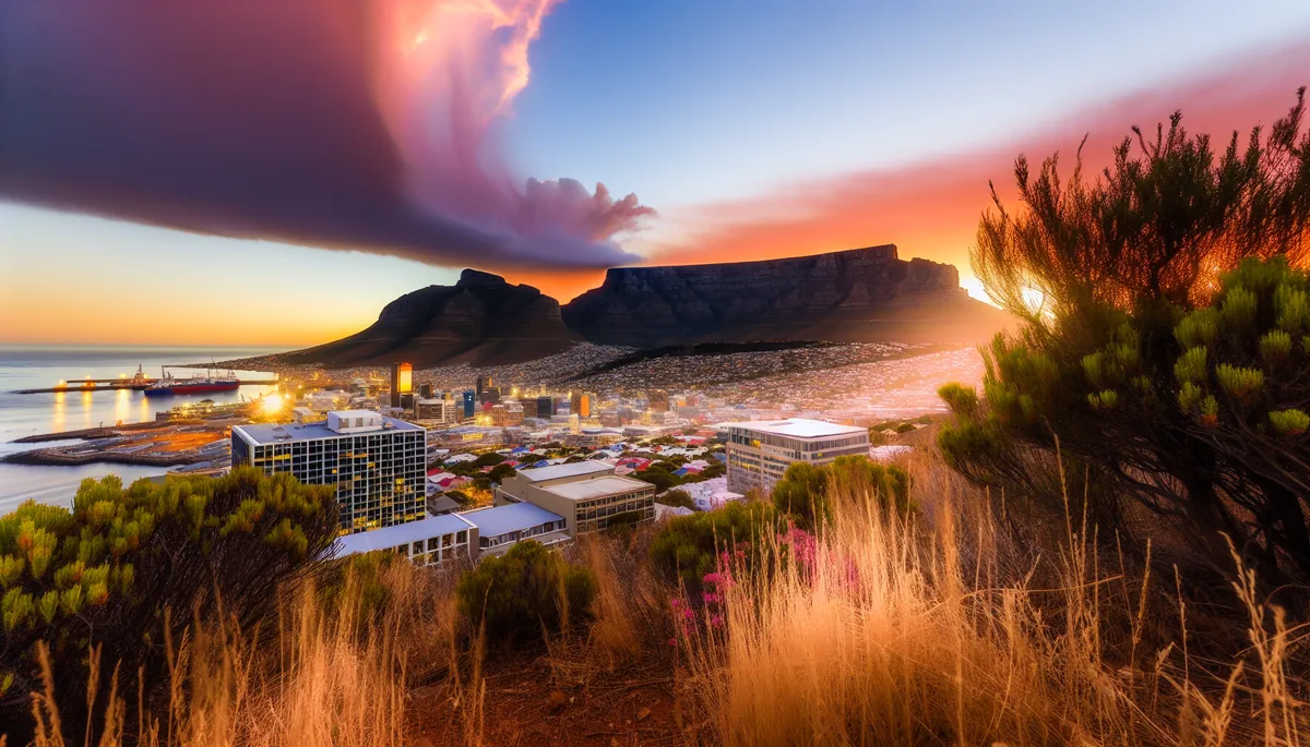 Stunning sunset view of Table Mountain and Cape Town cityscape with golden hour lighting and dramatic sky