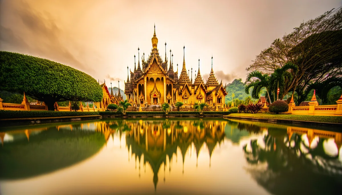Golden Buddhist temple with ornate spires reflecting in calm water, surrounded by tropical greenery during golden hour in Thailand