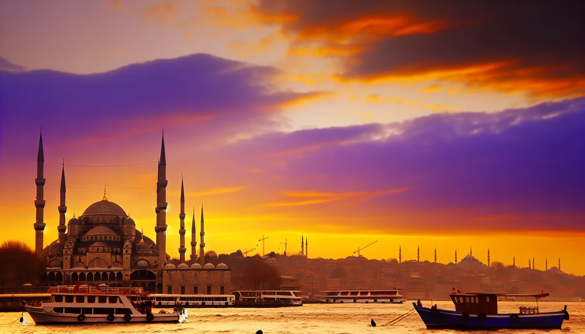 Istanbul's Blue Mosque at sunset with the Bosphorus strait and traditional boats in the foreground, showcasing Turkey's iconic skyline in warm golden light