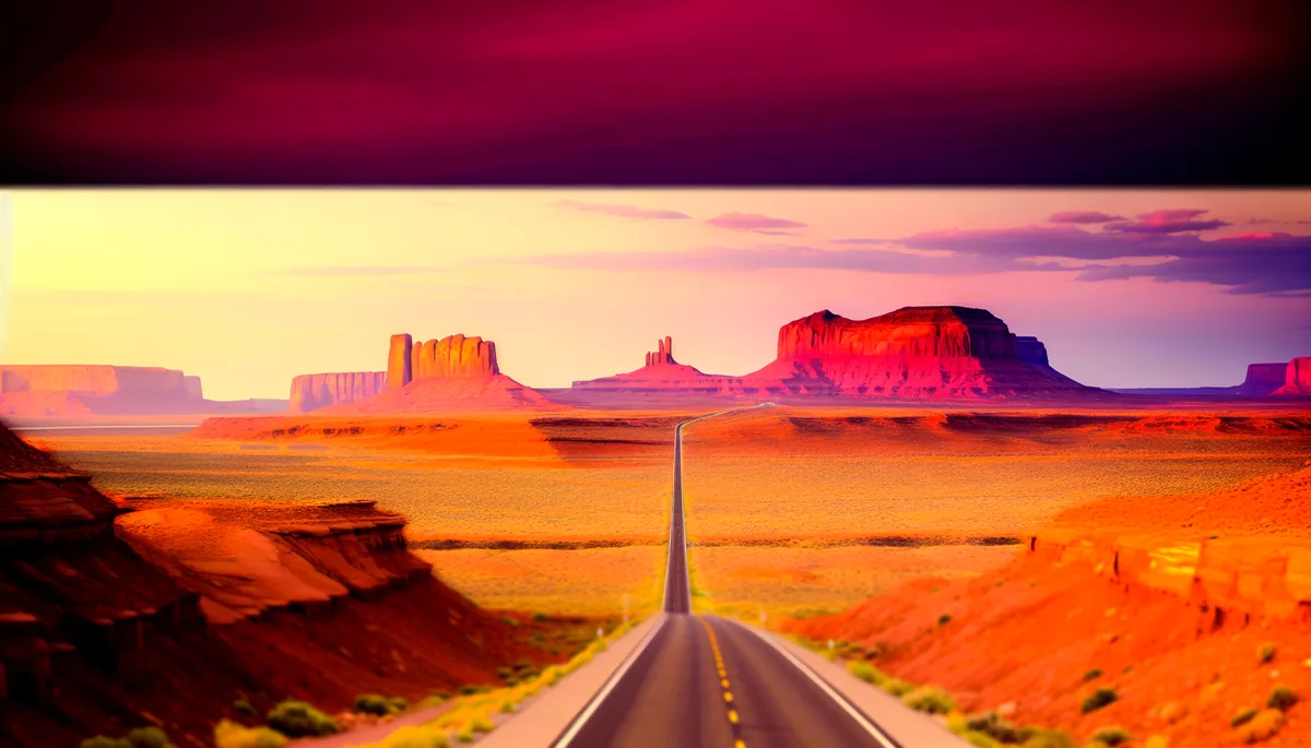 Scenic view of Route 66 highway stretching through Monument Valley desert landscape with red rock formations under a dramatic sunset sky