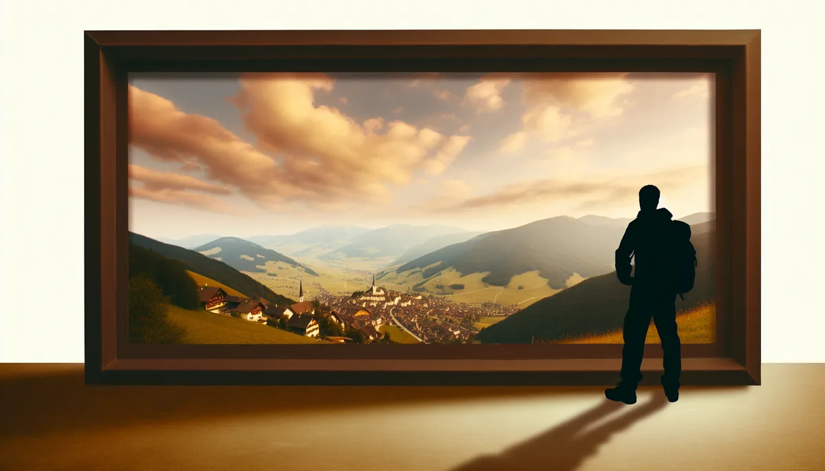 Traveler silhouette overlooking scenic European Alpine landscape with villages in valley below during golden hour