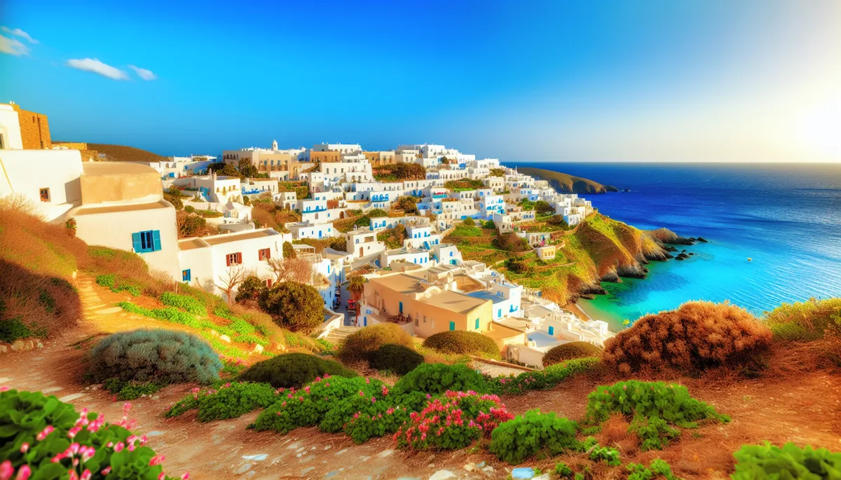 Scenic Mediterranean coastal village with white buildings and blue sea, spring flowers in bloom, golden hour lighting