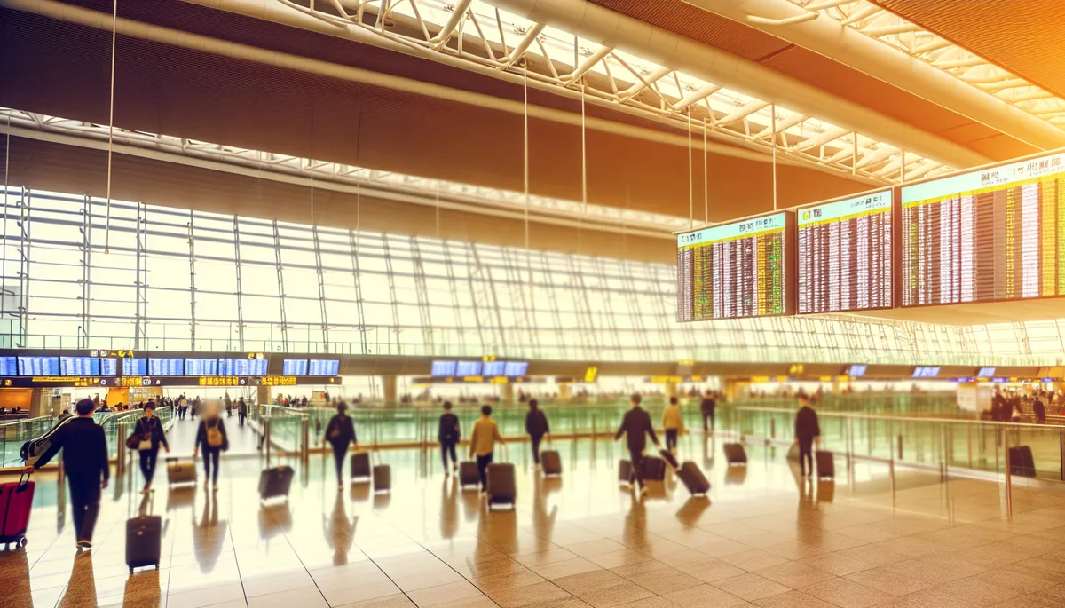 International airport departure area with travelers and luggage walking toward boarding gates, featuring modern architecture and soft ambient lighting