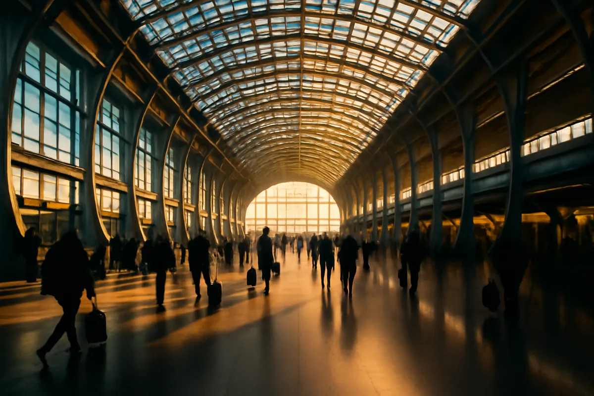 A grand international airport terminal bathed in natural light, with silhouetted travelers moving through a spacious concourse featuring a sweeping glass ceiling and modern architecture.