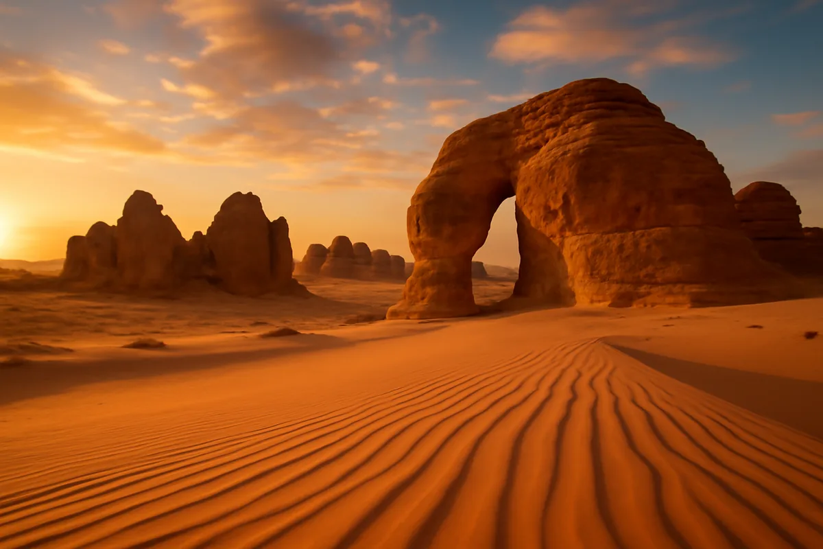 Sweeping desert landscape with ancient sandstone rock formations bathed in golden hour light in AlUla, Saudi Arabia, with vast amber sand dunes stretching toward the horizon.