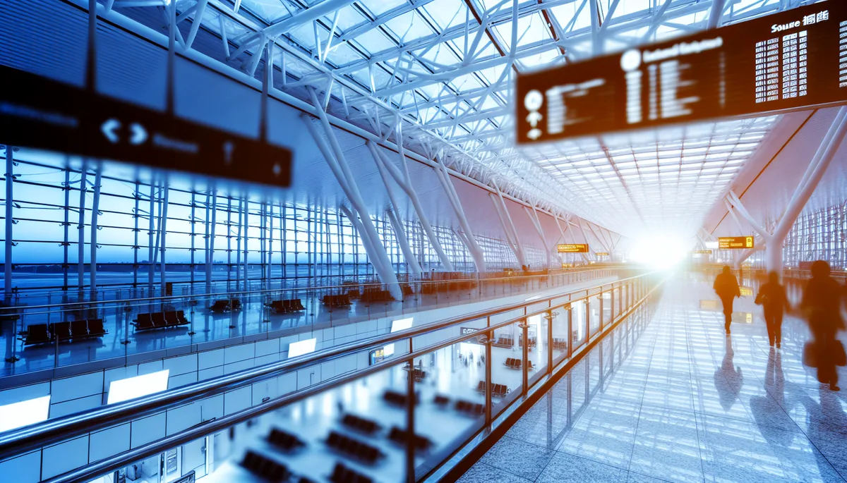 Modern airport terminal with travelers walking through departure area, featuring sleek glass architecture and warm lighting