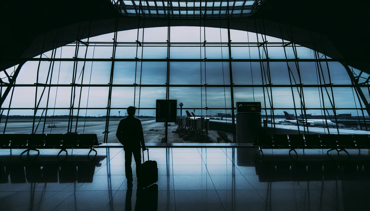 Silhouette of a traveler standing alone at an airport terminal window with planes and departure gates visible in the background under overcast skies