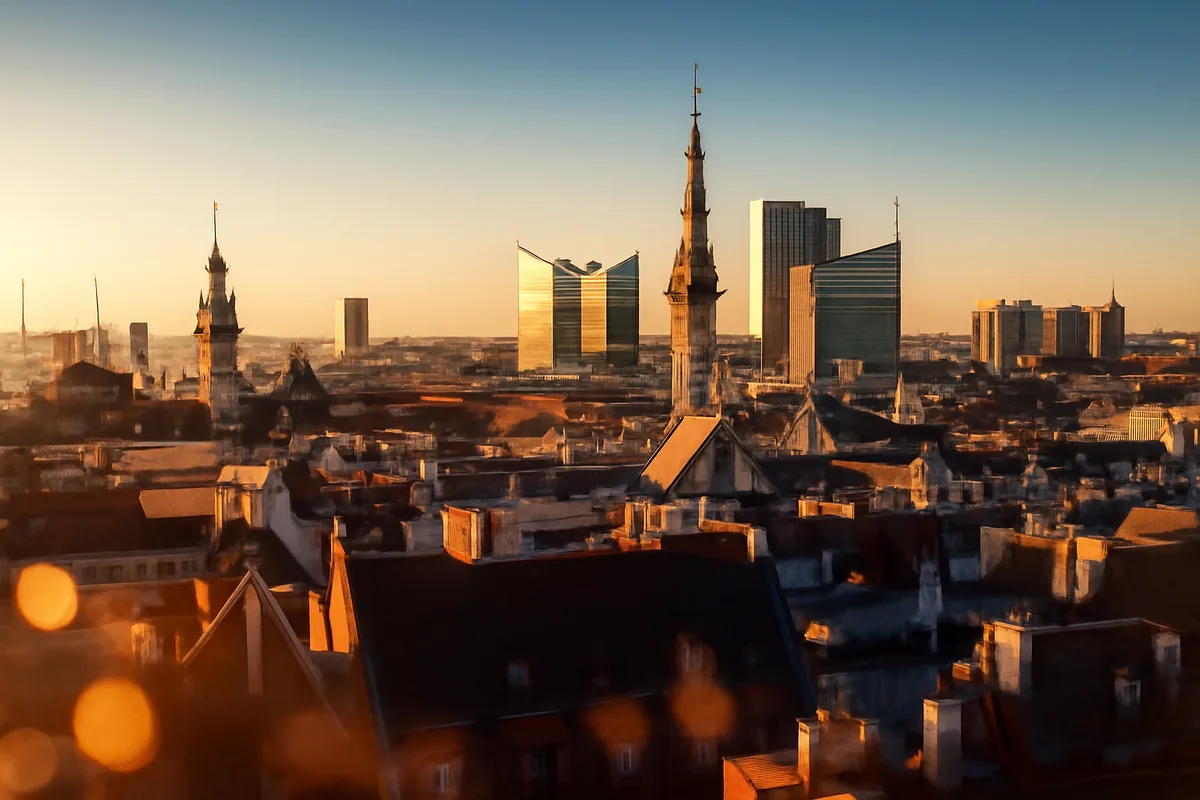 A panoramic golden hour view of a modern European city, blending historic and contemporary architecture under a warm amber sky