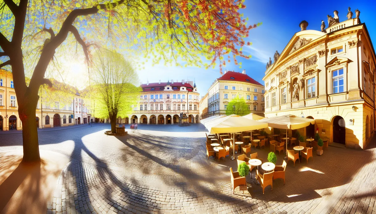 Beautiful European city square with historic buildings, outdoor café terraces, cobblestone streets, and spring flowers in bloom under warm sunlight