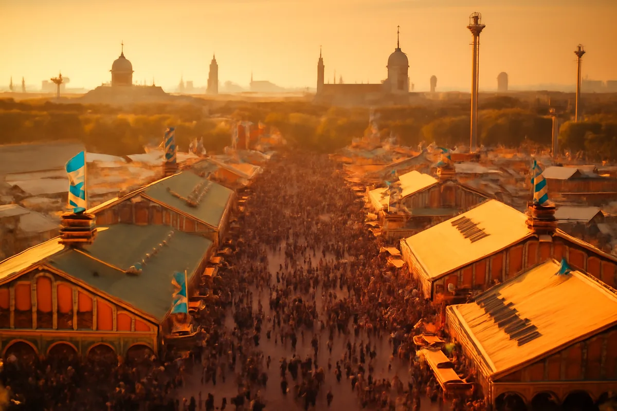 Aerial view of the Oktoberfest fairgrounds on Theresienwiese in Munich at golden hour, showing colorful traditional beer tents, festive decorations, and the bustling festival atmosphere with the Munich skyline in the background.