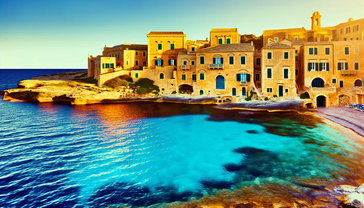 Scenic Mediterranean coastal view with traditional stone architecture overlooking turquoise waters during golden hour
