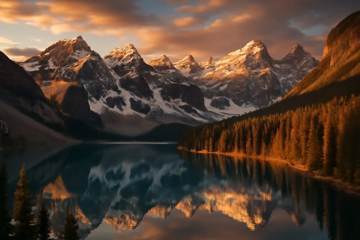 Panoramic view of the Canadian Rocky Mountains reflected in a calm glacial lake surrounded by pine forests during golden hour